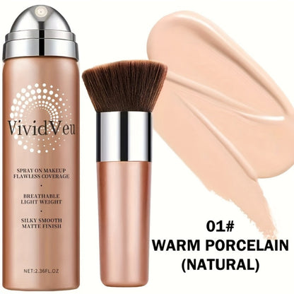Spray-On Liquid Foundation Bottle with Matching Face Brush in Four Shades from Natural to Porcelain