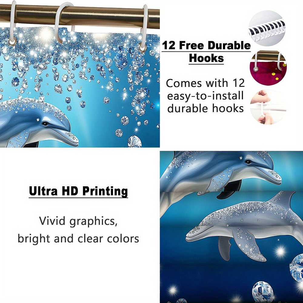Four-Piece Dolphin Shower Curtain Set with Coordinated Bath Mat, Toilet Rug, Lid Cover and Twelve Hooks