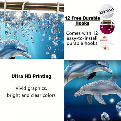 Four-Piece Dolphin Shower Curtain Set with Coordinated Bath Mat, Toilet Rug, Lid Cover and Twelve Hooks