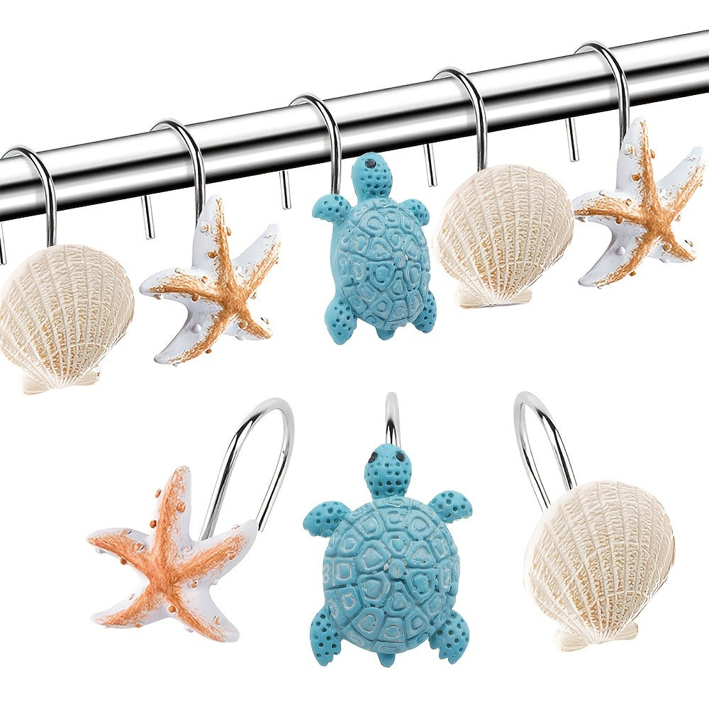 12-Piece Marine Shower Curtain Hook Set with Blue Turtle, Starfish and Seashell Decorations