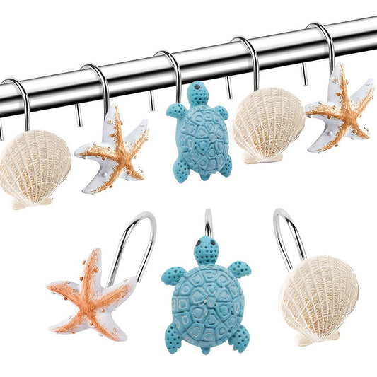 12pcs Resin Marine Shower Curtain Hooks – Blue Turtle & Starfish Shell Decorative Bathroom Curtain Ring Hangers Home Decor Accessories