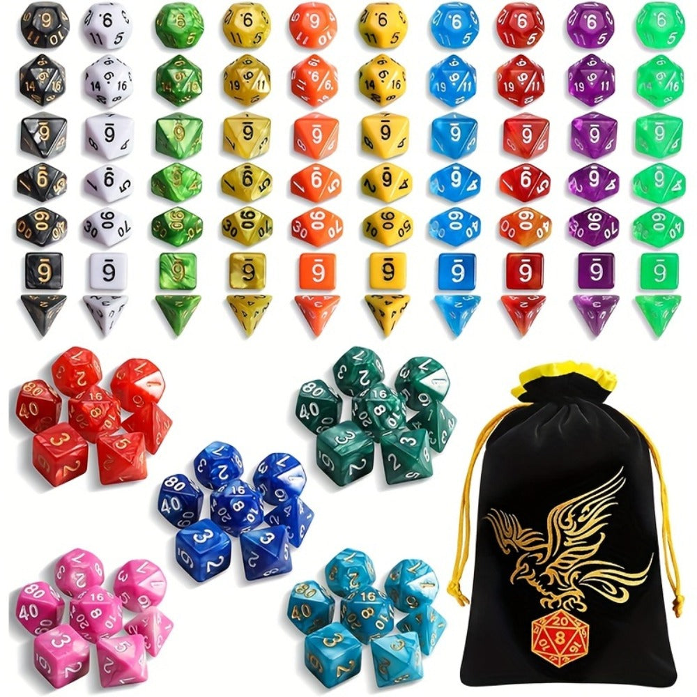 Fifteen-Set Polyhedral Dice Collection with 105 Pieces, Seven Die Shapes and Black Drawstring Storage Bag