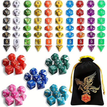 Fifteen-Set Polyhedral Dice Collection with 105 Pieces, Seven Die Shapes and Black Drawstring Storage Bag