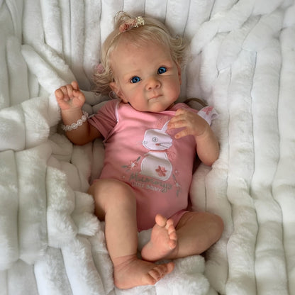 Reborn Baby Doll 16-Inch Cloth Body with Rooted Blonde Hair, Open Eyes, Pink Romper and Pacifier Set