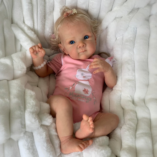 Reborn Baby Doll 16-Inch Cloth Body with Rooted Blonde Hair, Open Eyes, Pink Romper and Pacifier Set