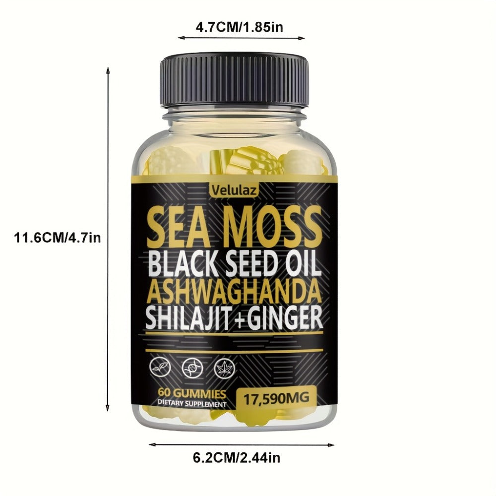 Sea Moss Herbal Gummies, 60 Count with Black Seed Oil, Ashwagandha, Shilajit and Ginger Blend