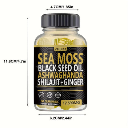 Sea Moss Herbal Gummies, 60 Count with Black Seed Oil, Ashwagandha, Shilajit and Ginger Blend
