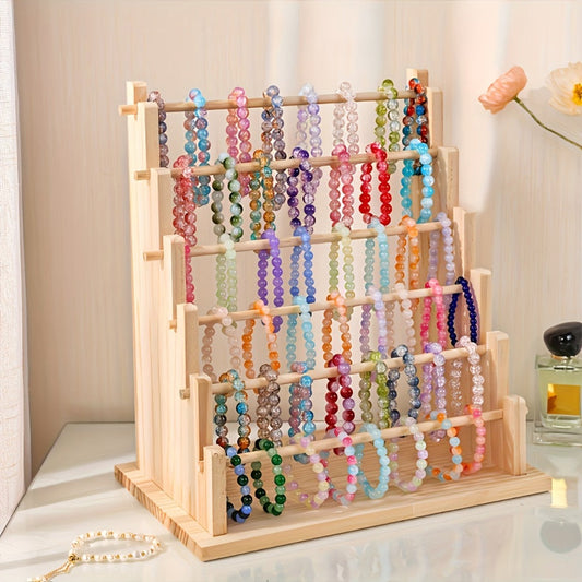 Jewelry Organizer 6-Tier Wooden Stepped Display Tower with Removable Bead Trays for Bracelets and Watches