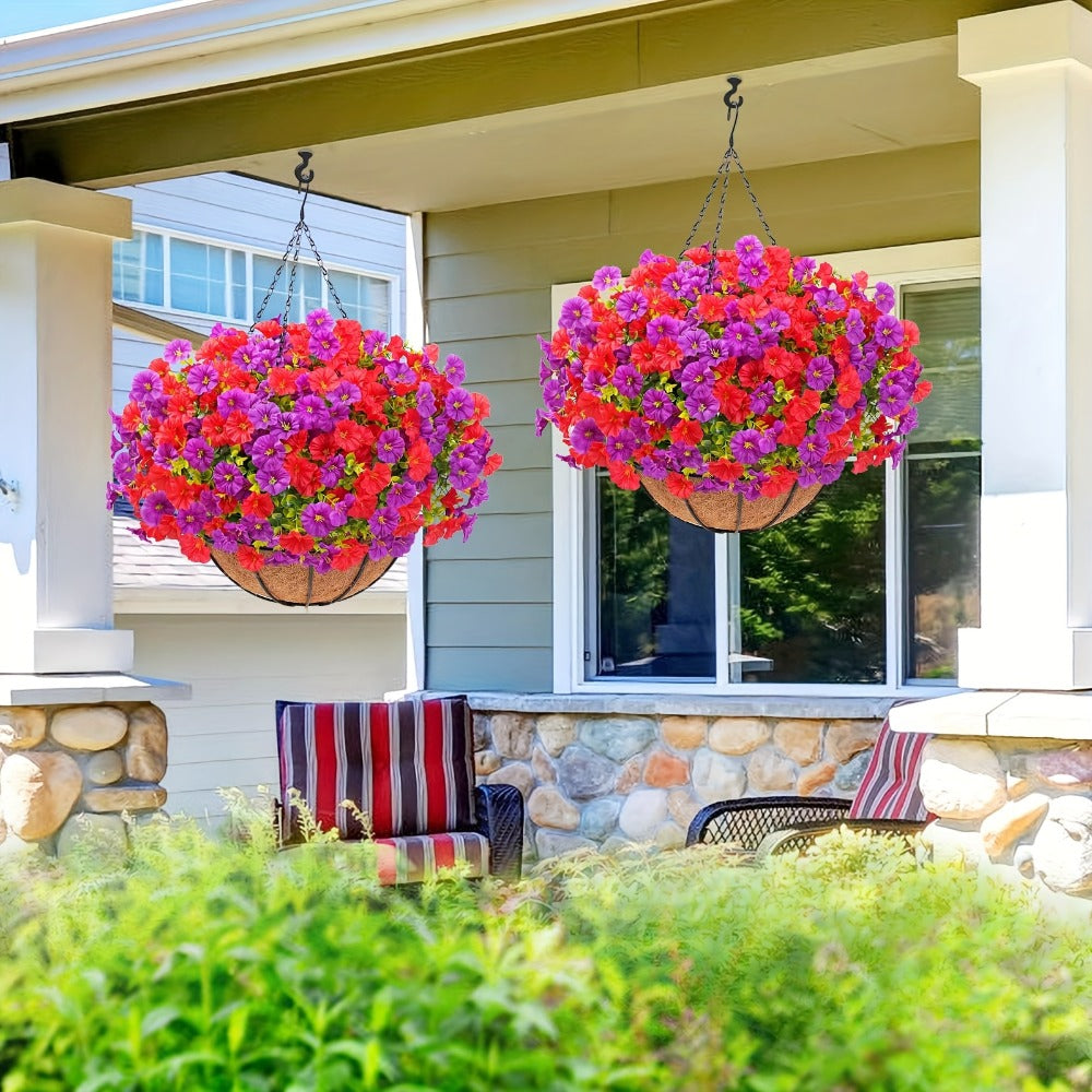 Artificial Flowers Hanging Petunia Arrangement with Included Planter Container and Six Color Options