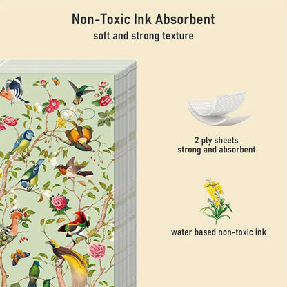 Vintage Floral Bird Paper Guest Napkins, 100-Piece Pack with 13 x 17 Inch Unfolded Watercolor Design
