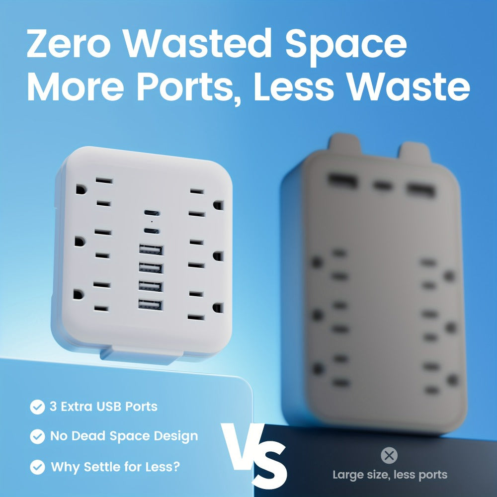 Power Strip Bedside Wall Extender 12-in-1 with 6 AC Outlets, 4 USB-A, 2 USB-C and Cord-Free Plug-In Design