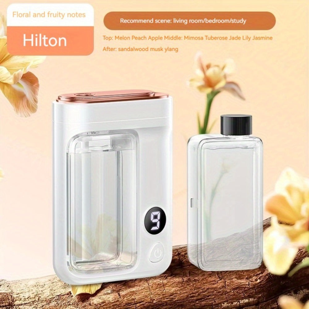 Essential Oil Aromatherapy Diffuser Set – Mini Humidifier with 7 Spray Levels, 1/4/8 Hour Timer, 5.07oz Capacity, Room Decor Scent Diffuser with Hilton, Gardenia, Ocean & Shangri-La Oils