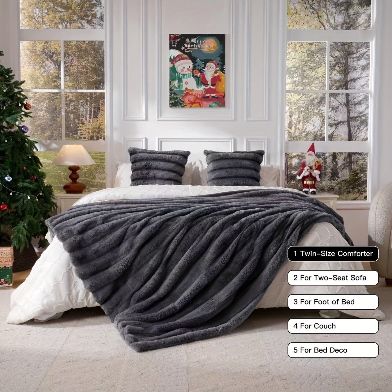 Double-Layer Faux Rabbit Fleece Blanket in Grey, Khaki or Beige with Five Sizes from Small Throw to King