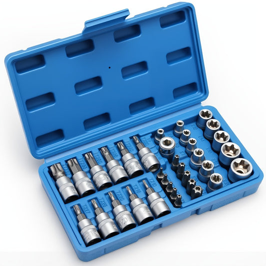 Torx Star Bit Socket Set 34/46-Piece - 3/8" Drive CR-V E-Socket E4-E20, T10-T60, Tamper-Proof TT10-TT55, S2 Steel, 5/16"F to 3/8"M Adapter, Storage Case - For Car, Truck & Home Improvement