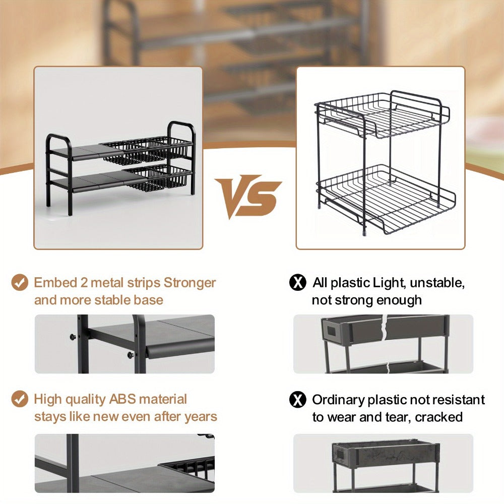 Expandable Two-Tier Under-Sink Organizer with Five Panels, Five Baskets and Exact Black Configuration