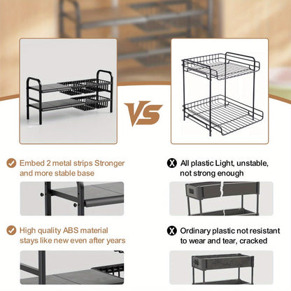 Expandable Two-Tier Under-Sink Organizer with Five Panels, Five Baskets and Exact Black Configuration