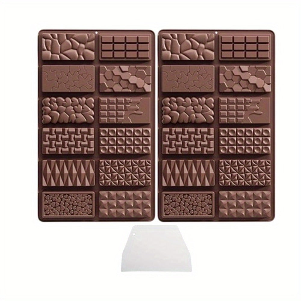 Three-Pack 12-Cavity Silicone Chocolate Bar Mold Set with Scraper for Candy, Wax Melts and Soap