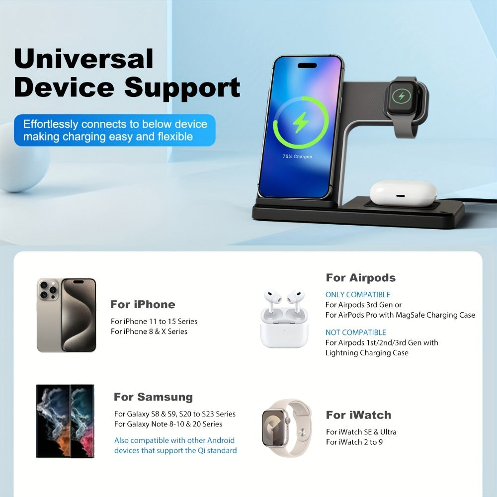 Wireless Charging Station, Foldable 3-in-1 15W Portrait-Landscape Stand with Four Black or White Adapter Options