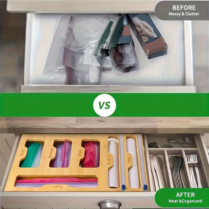 Foil and Bag Dispenser Kitchen Organizer 6-in-1 Bamboo Drawer Box with Built-In Cutter for Home Storage