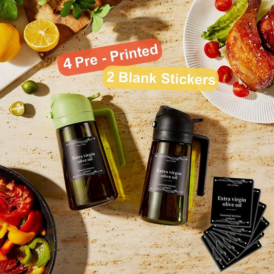 Olive Oil Dispenser Bottle 2-in-1 Glass Oil Sprayer & Dispenser 16oz Kitchen Cooking Oil Bottle with Labels for BBQ, Salad, Air Fryer & Grilling – 2 Pack