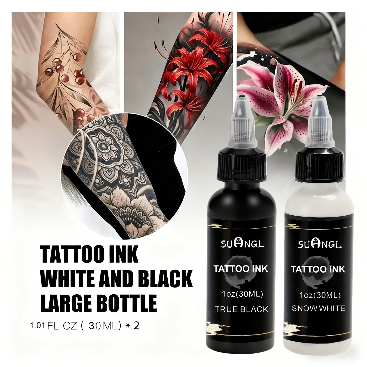 Tattoo Ink Black & White Set 1.01oz — High Brightness Fine Particle Formula, Permanent Body Ink, Needle & Machine Compatible for Professional Studios & Hobbyists