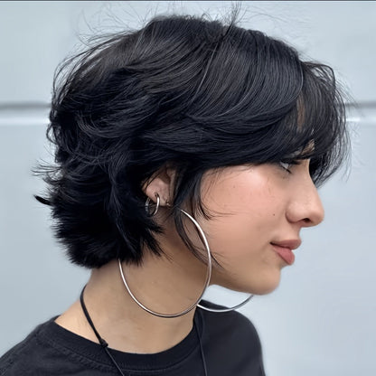 Wig Short Curly Wavy Pixie Bob in Natural Black, 6-Inch Human Hair with Bangs and Rose Net Cap
