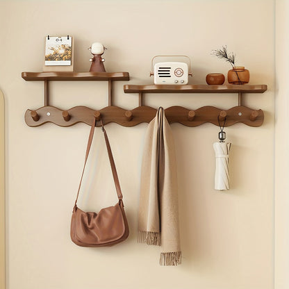 Coat Rack Wall Mounted Wood-and-Metal Organizer with Upper Shelf and 4 or 8 Hooks for Entryway Storage