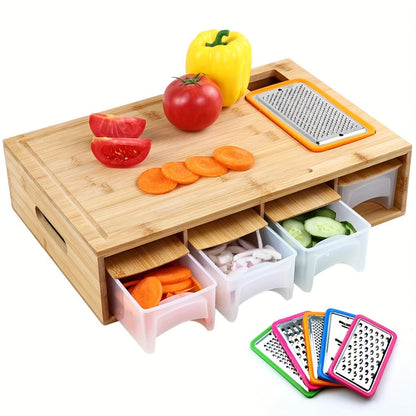 Bamboo Cutting Board with Food Container, Cheese Grater & Juice Groove - Large Wooden Chopping Board Set with Storage Box, Drain Tank for Vegetables Meat Cheese, Kitchen Prep Board with Hand Grip