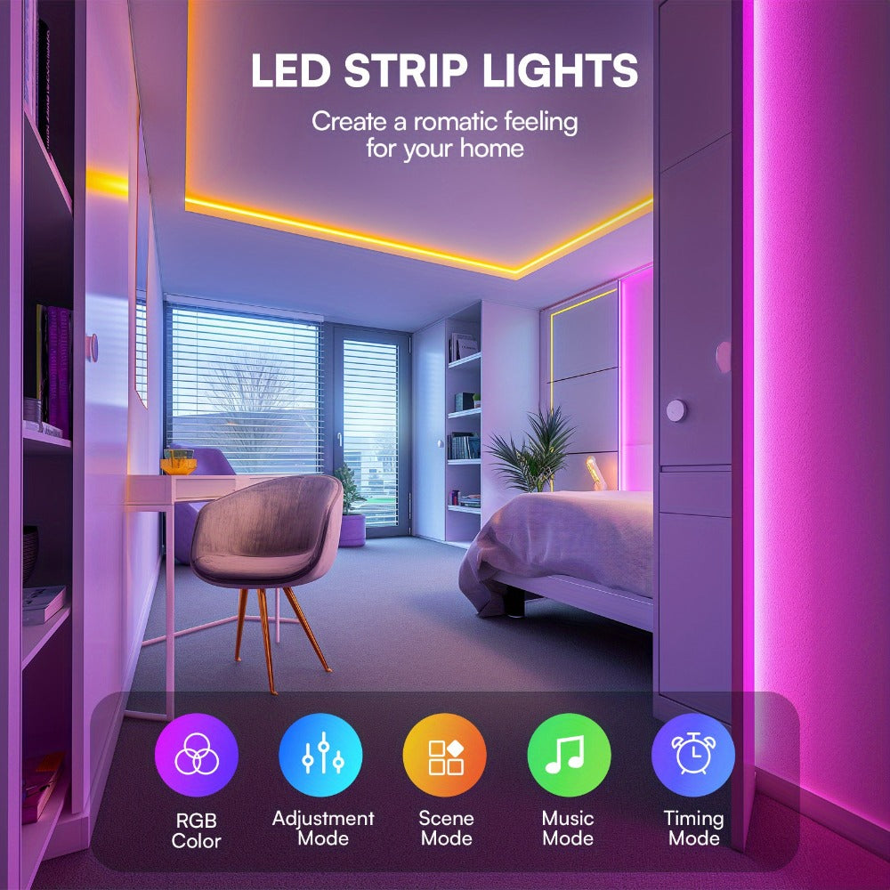 100ft or 200ft RGB LED Strip Light Kit with App, Handheld Remote, Timer, Dimming and Music Mode
