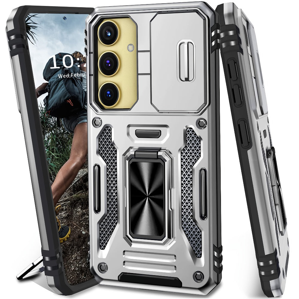 Samsung Galaxy Shockproof Magnetic Phone Case with 360° Rotating Ring Bracket & Sliding Lens Protector – Heavy Duty Cover for S24FE S23FE S22 S21FE Ultra A55 A54 A35 A34 A25 A24 A16 A15 A14 A06 A05 A05S 5G
