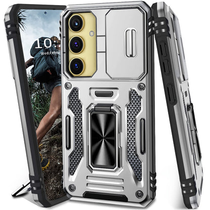 Samsung Galaxy Shockproof Magnetic Phone Case with 360° Rotating Ring Bracket & Sliding Lens Protector – Heavy Duty Cover for S24FE S23FE S22 S21FE Ultra A55 A54 A35 A34 A25 A24 A16 A15 A14 A06 A05 A05S 5G