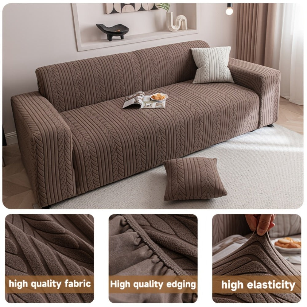 Sofa Cover Elastic Velvet Leaf Jacquard Full-Cover Slipcover with Pillowcase for 1 to 4-Seater Sofas
