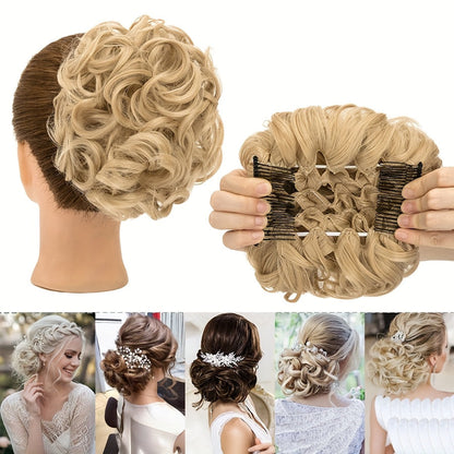 Six-Inch Curly Clip-In Hair Bun Extension with Comb and Scrunchie in Four Blended Color Options