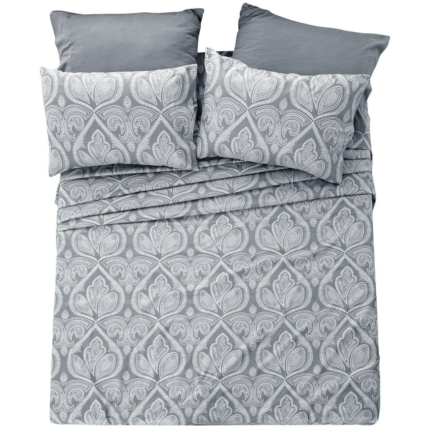 Bed Sheet Set 6-Piece Paisley Brushed Microfiber with 16-Inch Pocket and Six Size Families