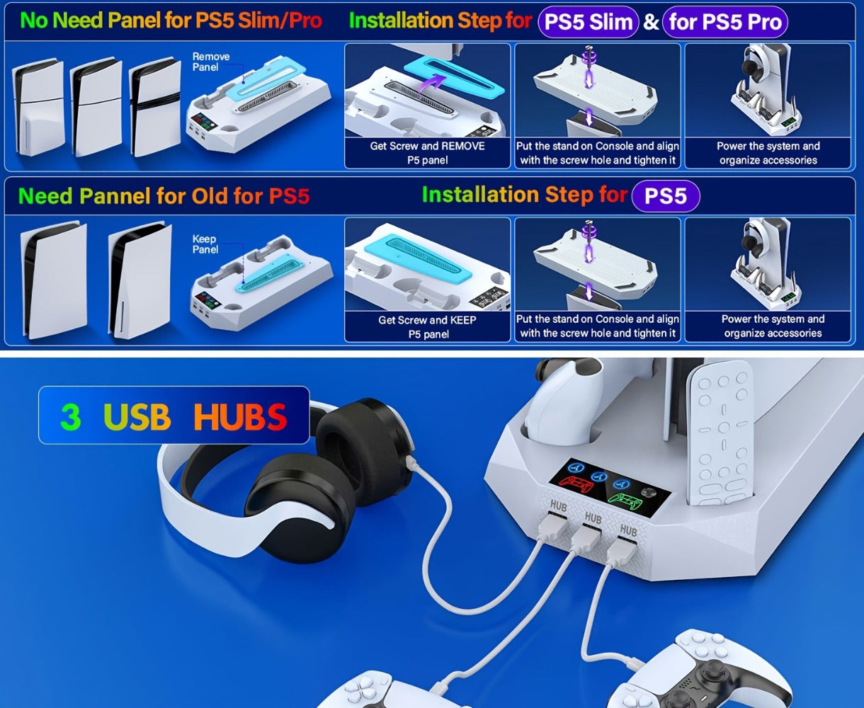 Five-in-One Console Stand Compatible with PS5 Models, Dual Controller Dock, Fan, USB Hub and Headset Holder
