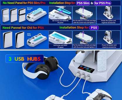 Five-in-One Console Stand Compatible with PS5 Models, Dual Controller Dock, Fan, USB Hub and Headset Holder