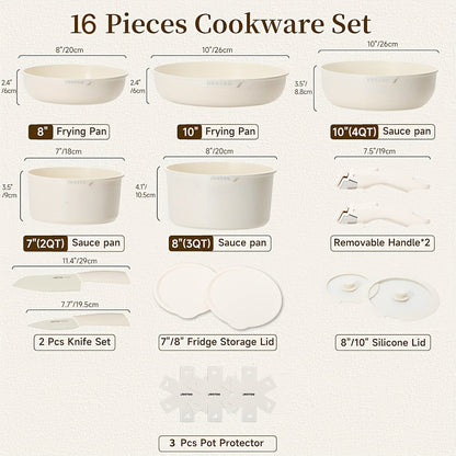 Detachable Handle Cookware Set 16 & 26 Piece Non-Stick PFOA-Free – Stackable Space-Saving Pots and Pans | Oven Safe 480°F Induction Compatible | RV Camping Kitchen Cooking Set in Black & Beige