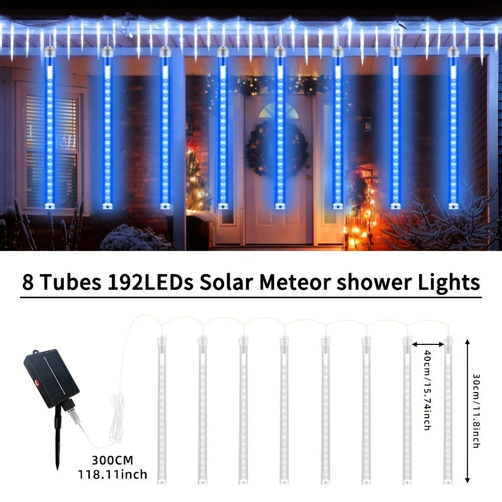 Solar Meteor Shower Tube Lights with 192 LEDs and Warm, Multicolor or Blue Checkout Options