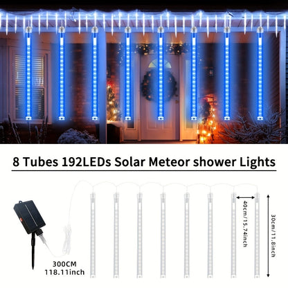 Solar Meteor Shower Tube Lights with 192 LEDs and Warm, Multicolor or Blue Checkout Options