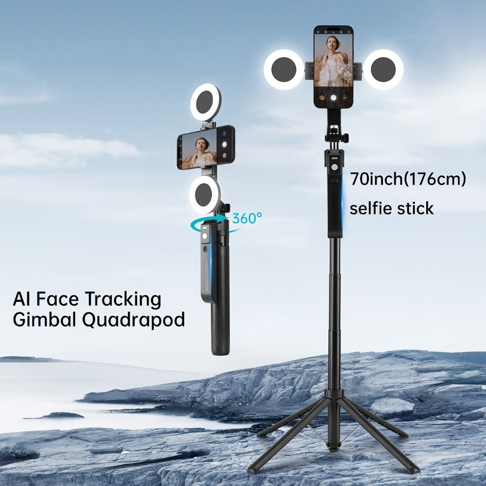 AI Selfie Stick Tripod with 360° Face Tracking, Built-In Fill Light & Wireless Remote – Sleek Metal Finish, Adjustable Height, Compatible with iPhone & Android for YouTube TikTok Vlogging Travel Photography