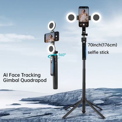AI Selfie Stick Tripod with 360° Face Tracking, Built-In Fill Light & Wireless Remote – Sleek Metal Finish, Adjustable Height, Compatible with iPhone & Android for YouTube TikTok Vlogging Travel Photography