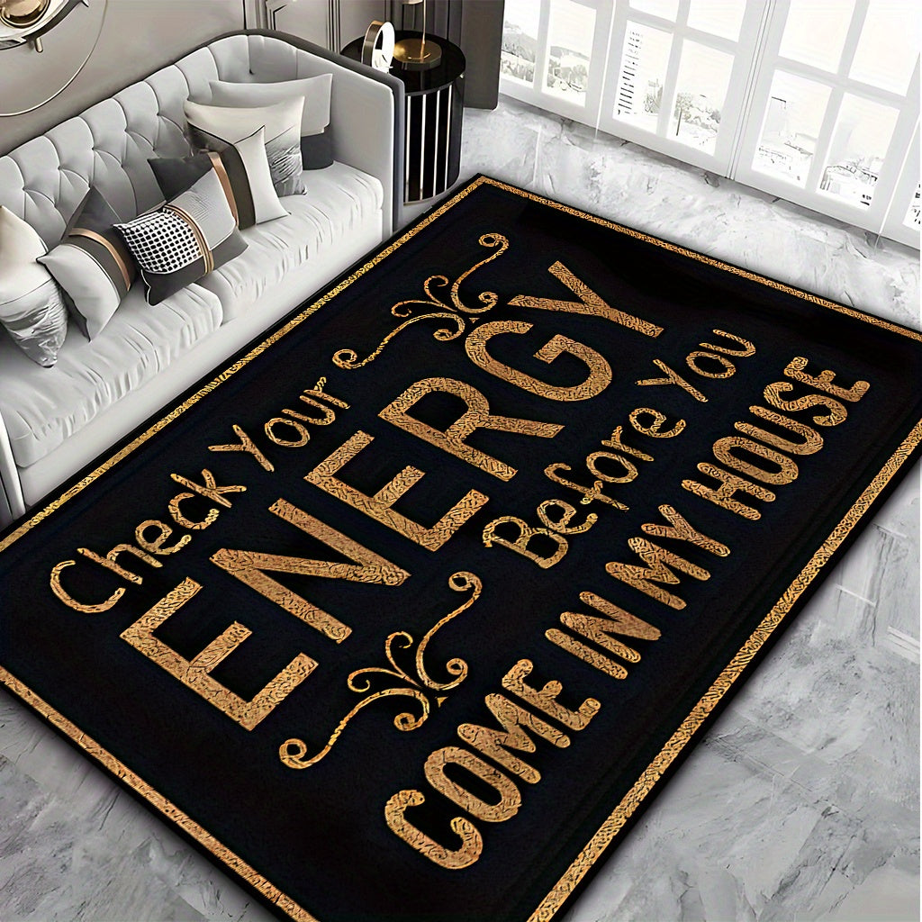 Anti-Slip Doormat Black Gold Lettering Check Energy Before Entry Non-Slip Rug 7mm Thick Indoor Floor Mat for Living Room Kitchen Bathroom Entryway