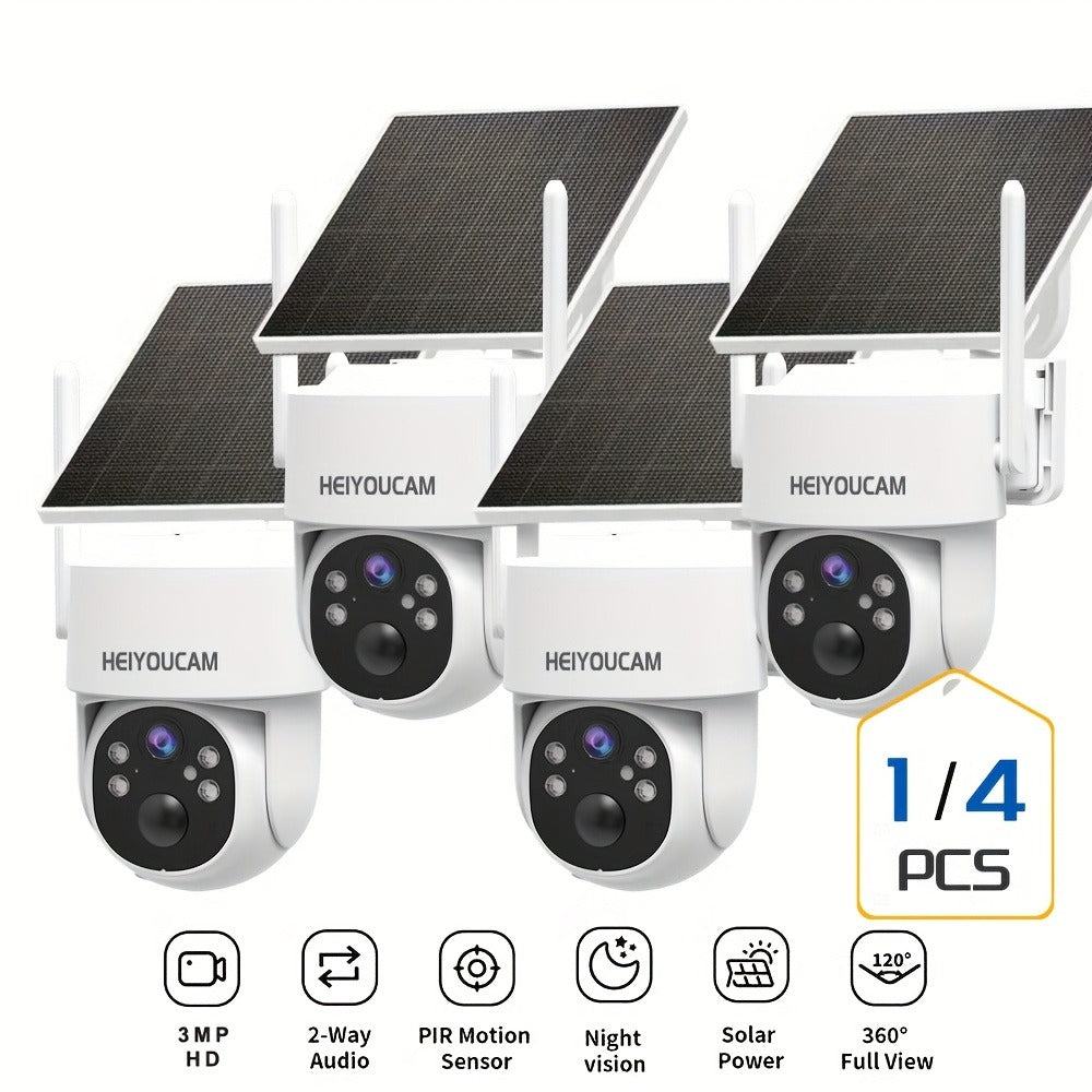 3MP Solar PTZ Outdoor Security Camera with 360-Degree Movement Label and One- or Four-Camera Options