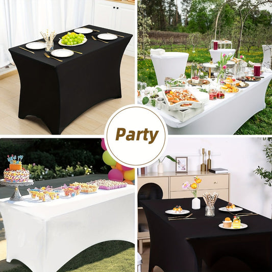 Spandex Stretch Fitted Tablecloths 2pcs 3pcs – 4ft 6ft 8ft Rectangular Elastic Table Covers, Wrinkle-Resistant in Black & White for Wedding, Banquet, Trade Show, Graduation & Party Decoration