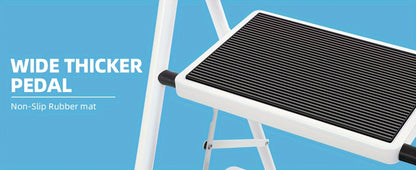 Two-Step Folding Step Ladder in White or Red with Wide Tread Platforms and Curved Safety Handle