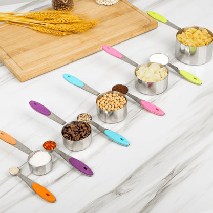 Measuring Cups and Spoons Set 10-Piece Stainless Steel with Silicone Handle, Precise Baking & Cooking Measurement Tools