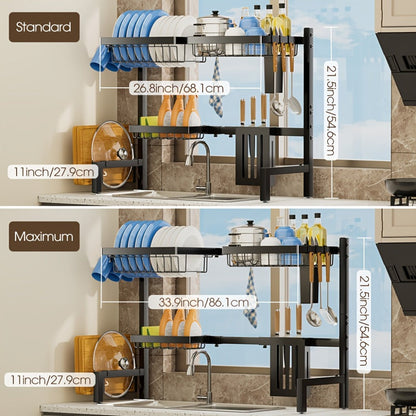 Over-Sink Dish Drying Rack Kitchen Organizer, 30-33.9-Inch Two-Tier Frame with Seven Removable Accessories