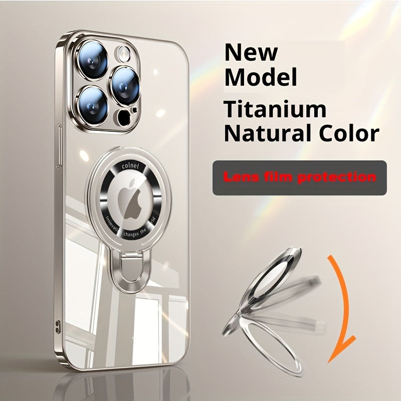 Magnetic U-Shield Stand iPhone Case for iPhone 17 Pro Max 16 16 Pro Max Electroplated PC Transparent Back Shockproof Full Coverage Protective Cover with Kickstand