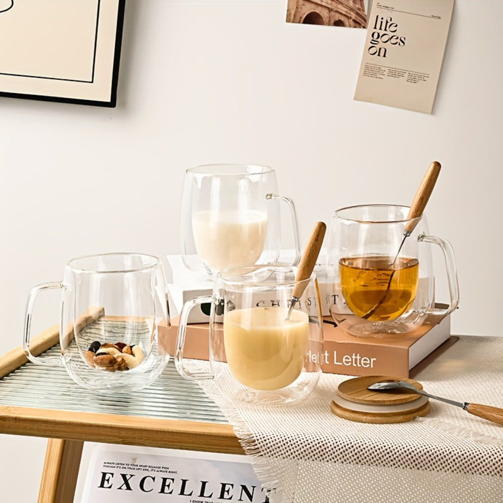 Four-Piece Double-Wall Glass Coffee Cup Set with 350 ml Capacity, Wooden-Style Lids and Spoons
