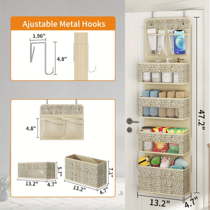2-Pack Over-The-Door Hanging Organizer with 5 Shelves & 4 Clear Pockets – Beige Rattan Storage Rack for Closet, Bedroom & Bathroom